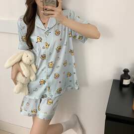 夏季新款冰雪丝睡衣女可爱小黄鸡翻领开衫短袖短裤家居服两件套