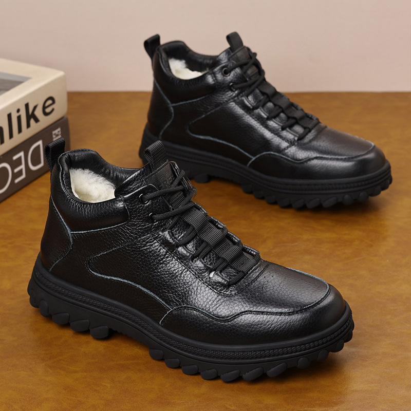 Capa superior de piel de vaca lana de invierno zapatos de algodón de hombre cuero más terciopelo calentamiento casual zapatos de hombre grosor botas de tamaño grande