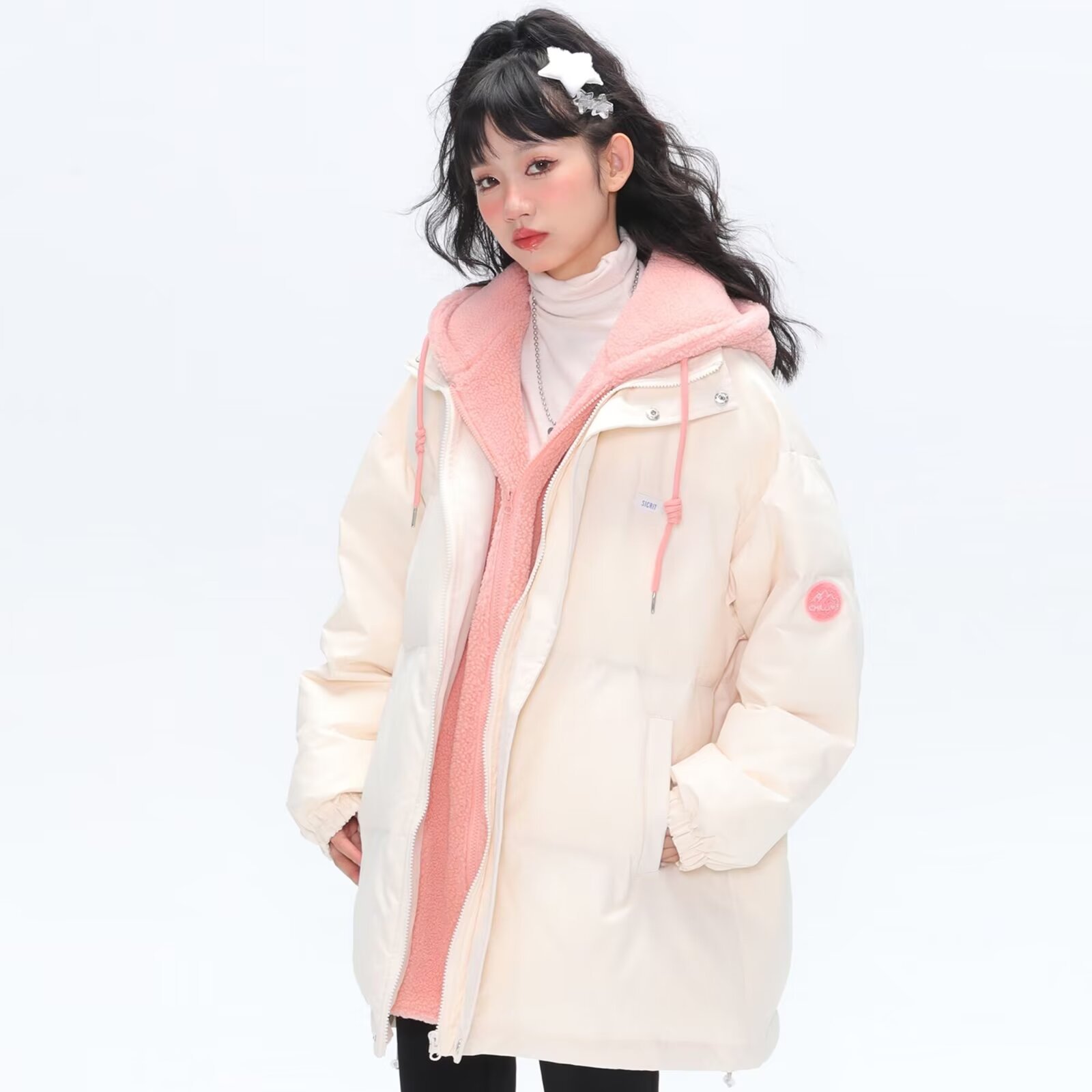 2025 New Winter Youth Hooded Fake Two-Piece Jacket Fleece-Lined Thickeneded Casual Simple Cotton Jacket