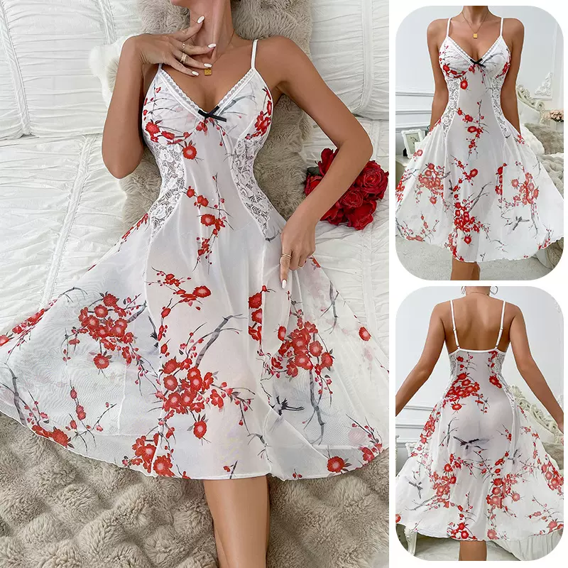 慕菲跨境欧美性感吊带梅花印花睡裙 蕾丝拼接修身网纱家居裙787