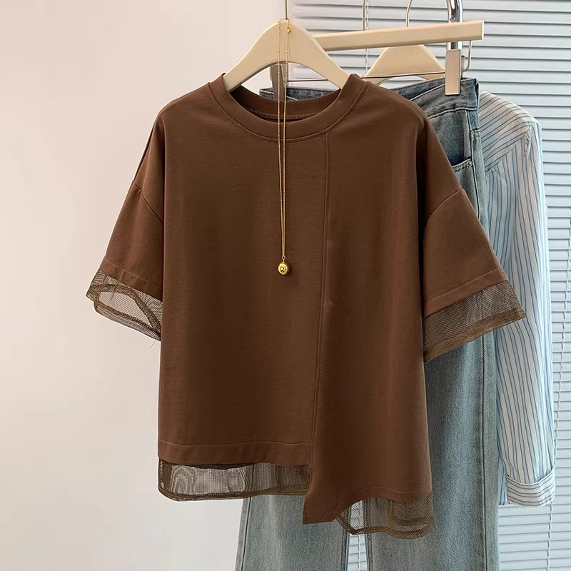 Melard Coffee-Colored Irregular Mesh Short-Sleeve T-Shirt for Women, Summer New Style, Plus-Size, Fashionable Patchwork Top Melard Coffee-Colored Irregular Mesh Short-Sleeve T-Shirt for Women, Summer New Style, Plus-Size, Fashionable Patchwork Top