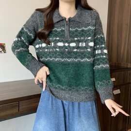 法式费尔岛半拉链套头毛衣女秋冬新款宽松撞色提花软糯针织衫上衣