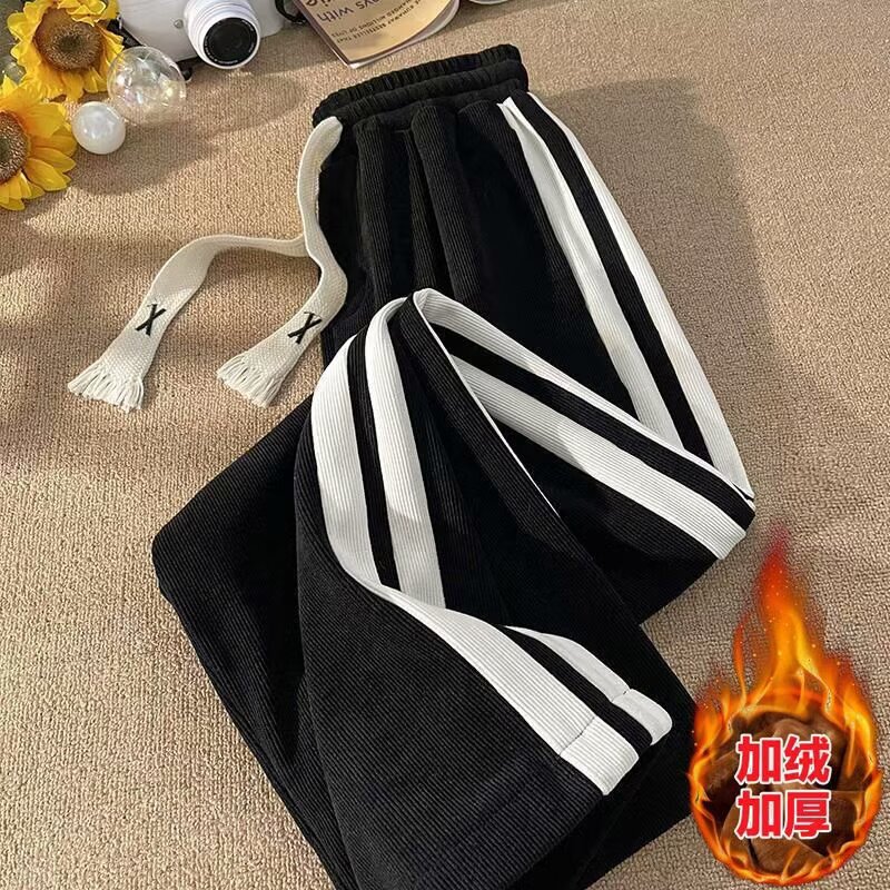 Striped High School Student Fleece-Lined Pants for Women, Autumn and Winter Thickened Trendy Brand, Large Size Loose Straight Corduroy for Teenagers Striped High School Student Fleece-Lined Pants for Women, Autumn and Winter Thickened Trendy Brand, Large Size Loose Straight Corduroy for Teenagers