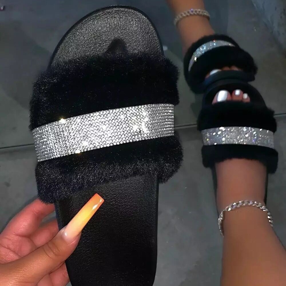 Transfronterizo 2022 AliExpress Comercio exterior 43 más tamaño de fondo grueso talón plano zapatillas de felpa zapatillas de mujer colorido brillante Rhinestone