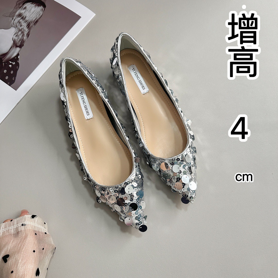 人鱼姬增高5公分尖头浅口闪片清冷感单鞋气质银色韩版礼服女鞋