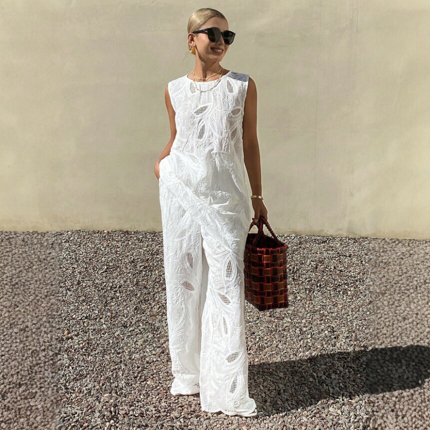 White Embroidered Sleeveless Vest Wide Leg Pants Two Piece Casual Fashion Set Women's Clothing_ecoleips.com
