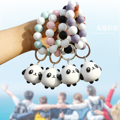 The new 2022 hand made cartoon cute panda keychains PVC silicone beaded bracelet bear doll key ring