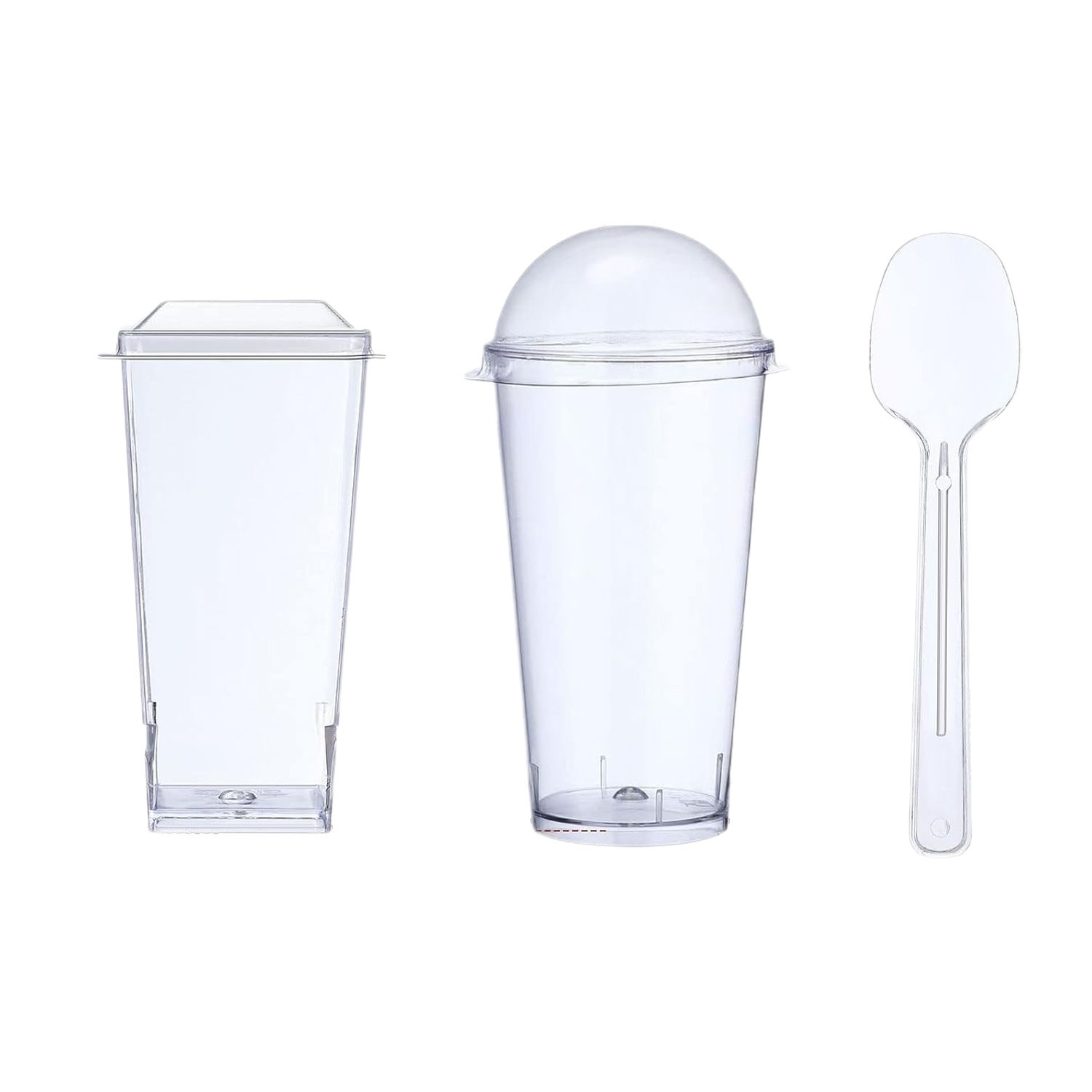 Amazon transfronterizo desechable PS taza de plástico transparente dura taza de pastel de mousse taza cuadrada con cubierta y cuchara conjunto