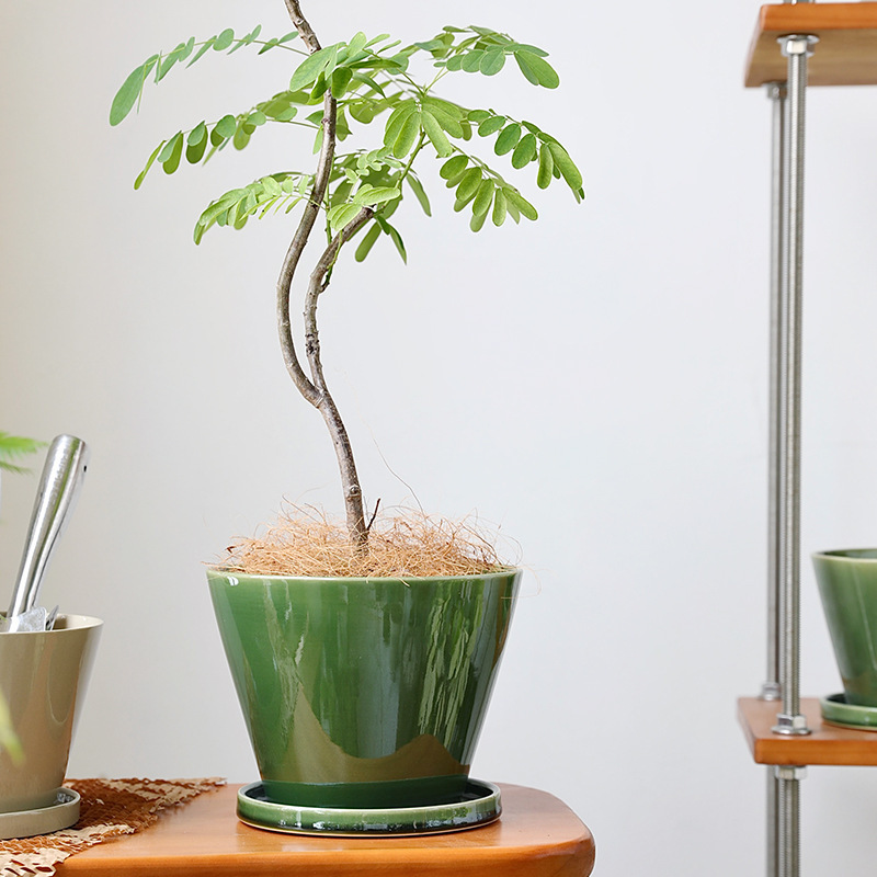 Nordic glazed ceramic flower pot Japanese creative personality green potted pot large pot with tray wholesale Nordic glazed ceramic flower pot Japanese creative personality green potted pot large pot with tray wholesale
