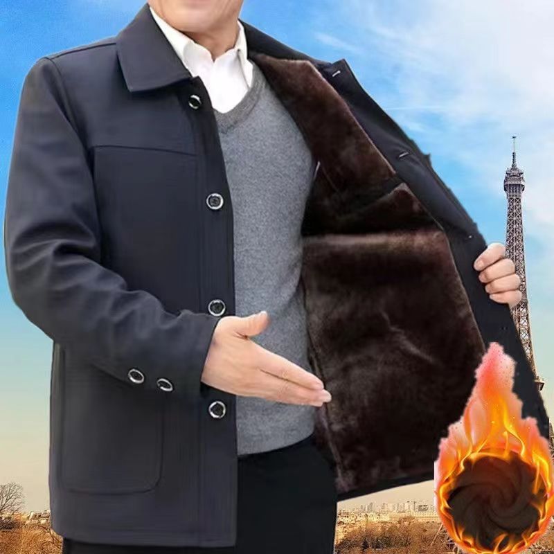 中年休闲加绒秋冬季夹克中老年棉衣男士加厚棉服爸爸男装外套上衣