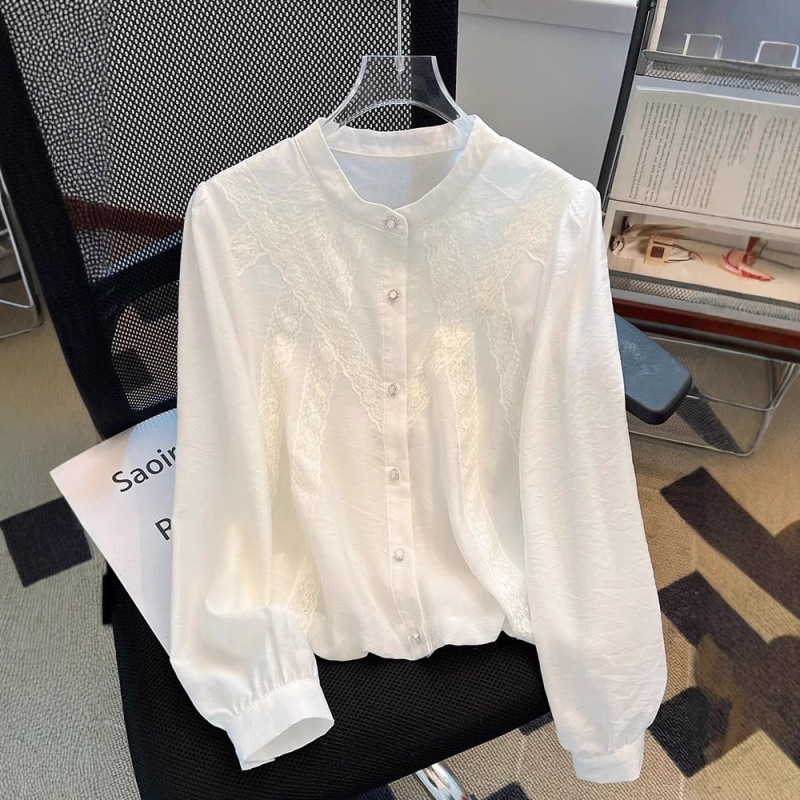 French Style Lace Stitching Long Sleeve Shirt Women's Early Spring New Style Western Style Round Neck Chic Top Elegant All-match Shirt