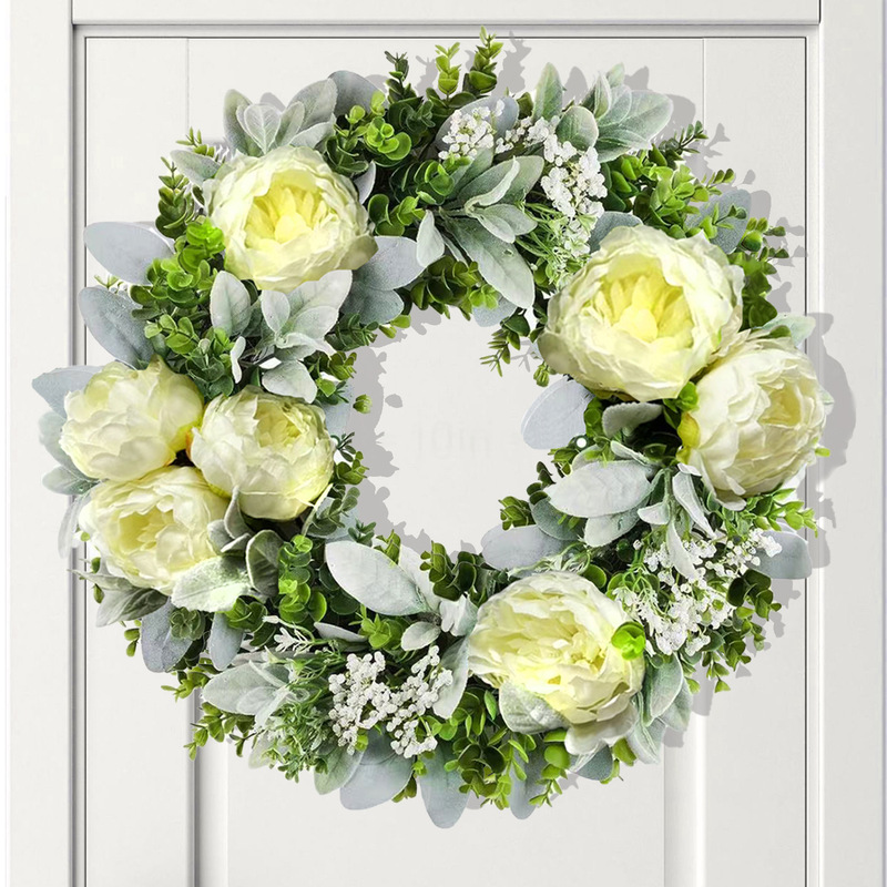 Cross border spring and summer wreath simulation money leaf peony flower front door hanging home decoration white spring door