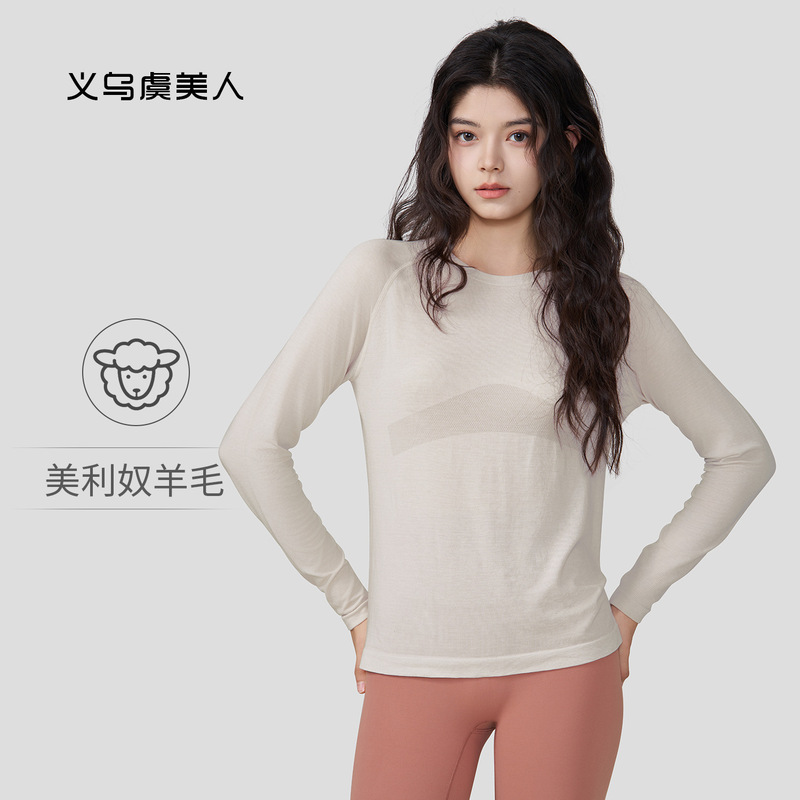 Merino Wool Quick-Drying Long-Sleeved Women's T-Shirt Outdoor Yoga Fitness Pilates Casual Round Neck Sports Top