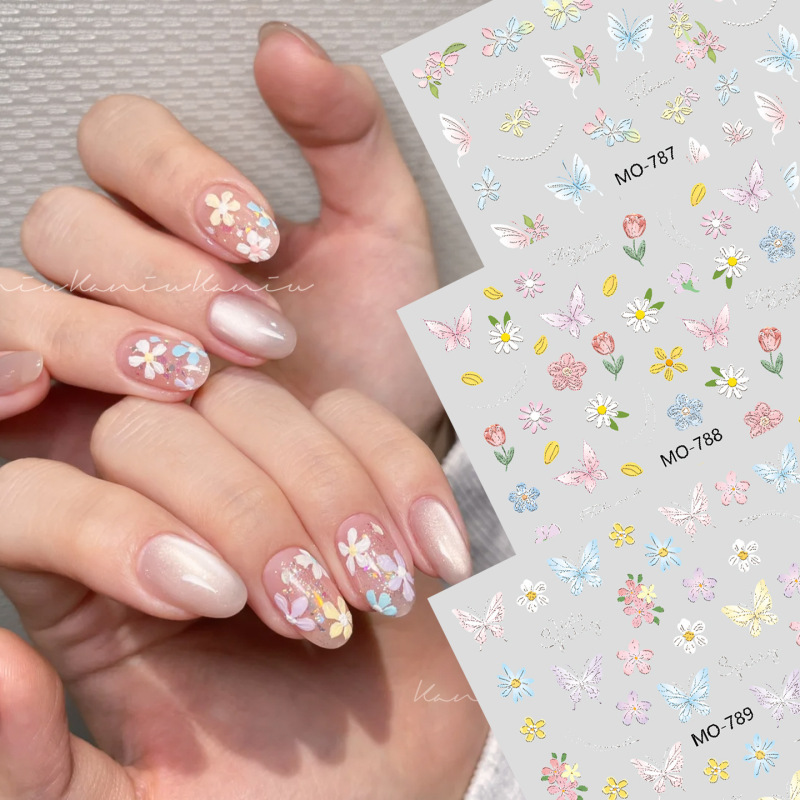 French-Style Embossed Flower Nail Stickers, New Spring Butterfly, Small Daisy, Sunflower, Oil Painting, Dried Flower Nail Decals