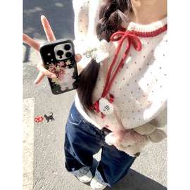 红色波点外搭短款毛衣外套女秋冬新款韩系小个子针织开衫上衣