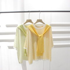 韓国の注文の夏服の新型のゆったりしている偽の2つのセットの丸首のストライプの半袖のtシャツのニットのプルオーバーの女性