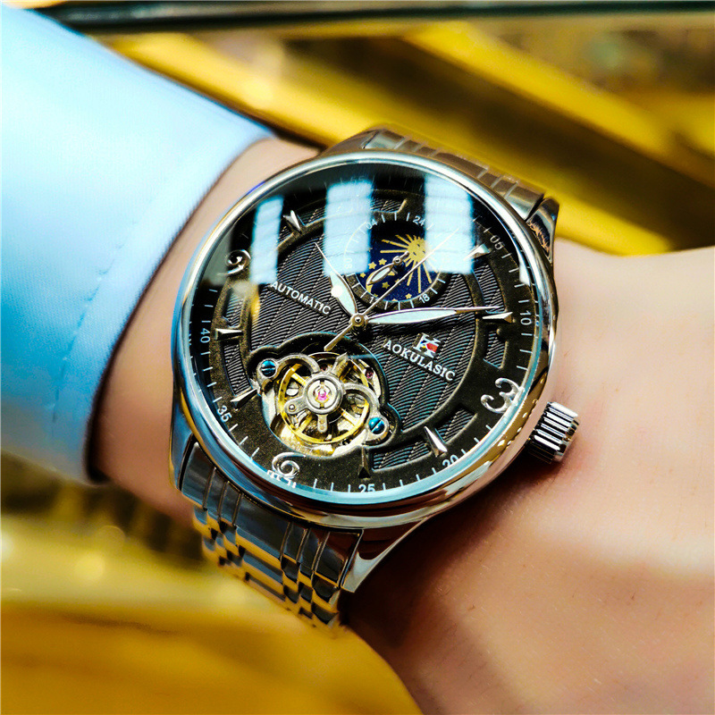 AOKULASIC hueco-hacia fuera transparente inferior luminoso Tourbillon reloj mecánico automático moda reloj de los hombres de moda 1922
