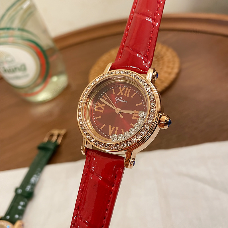 Yadan Damen-Armbanduhr Rolling 7 Happy Diamond Green, Echtlederarmband, wasserdicht, High-End-Mode, exquisite Damenuhr_voghion.com