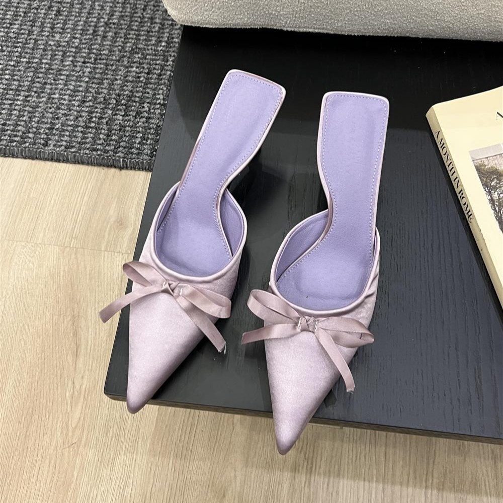 Mules con tacco a stiletto da donna in viola taro con fiocco_voghion.com