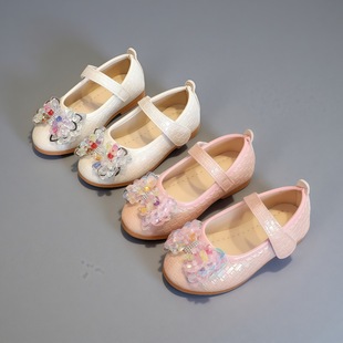 2025 Spring and Autumn Korean Style Girls' Leather Shoes with Bowknot, Princess Single Shoes, Children's Velcro Performance Dance Shoes, Flat Sole