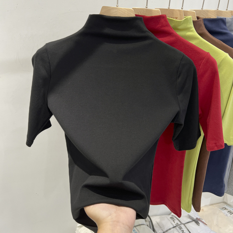 Camiseta legging de cuello medio alto para mujeres 2025 primavera nueva moda exterior delgada camiseta interior se puede usar camisa de manga corta