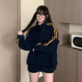 三条杠卫衣女春秋冬季2025新款爆款美式休闲开衫宽松加绒加厚外套