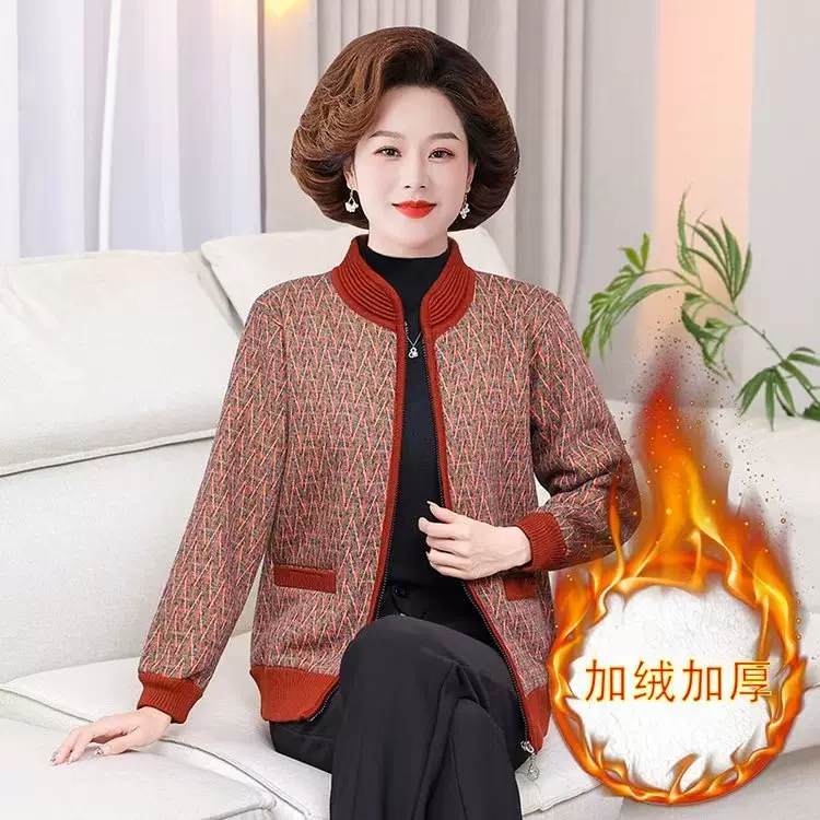 中老年人秋冬季加绒加厚保暖外套女妈妈装开衫老太太老人休闲衣服