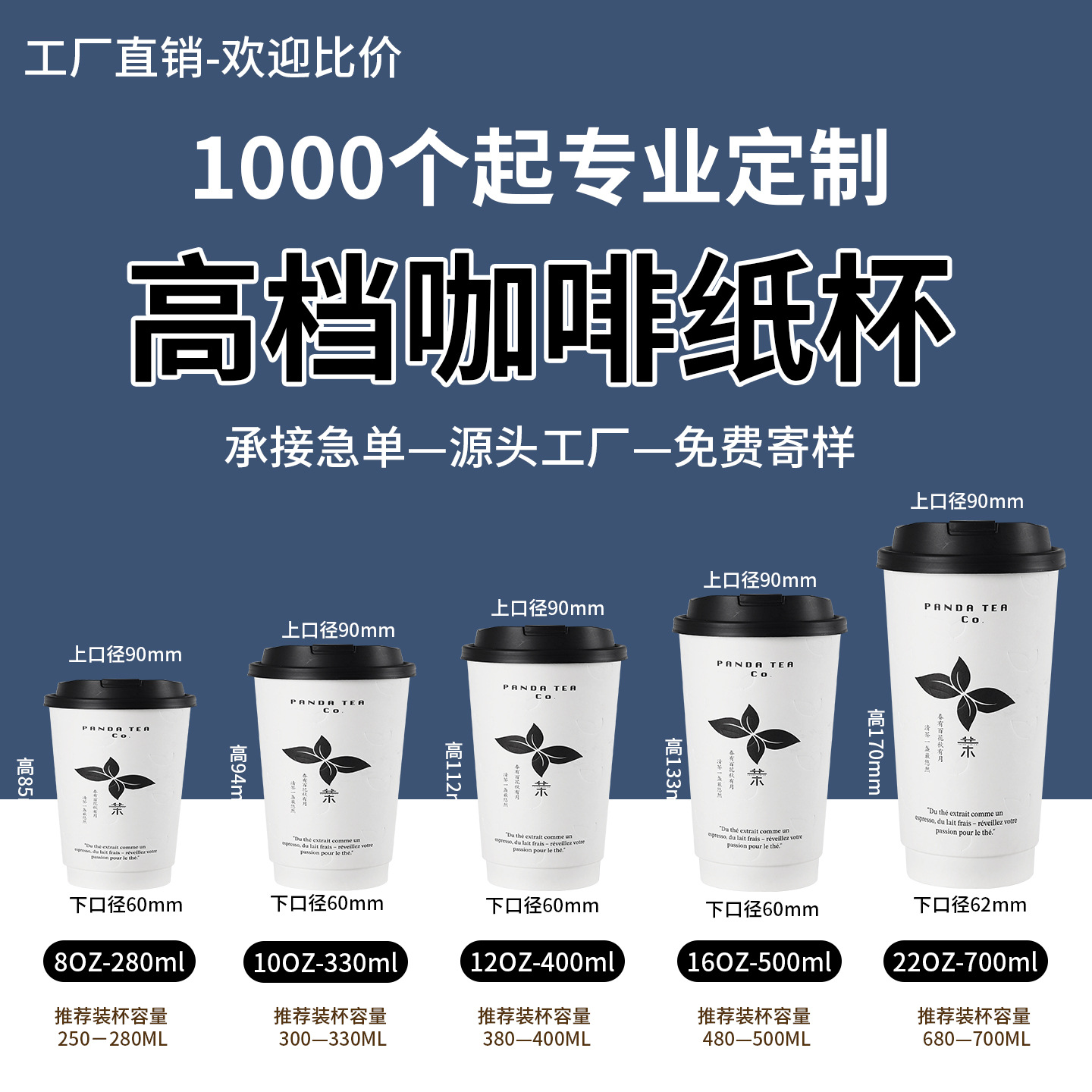 Custom Printed 8/10/12/16 Ounce Double-Layer Paper Cups for Commercial Use with Lids for Hot and Cold Drinks, Custom Disposable Coffee Cups