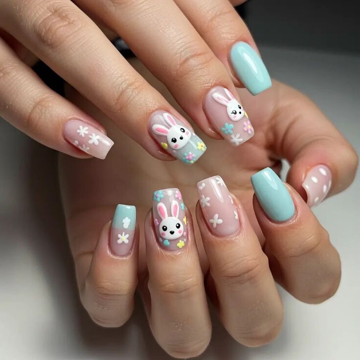 Fresh Blue Gradient Wearable Nails, Spring Hot-Selling Cute Rabbit Nail Pieces, Easter Floral Nail Pieces Fresh Blue Gradient Wearable Nails, Spring Hot-Selling Cute Rabbit Nail Pieces, Easter Floral Nail Pieces