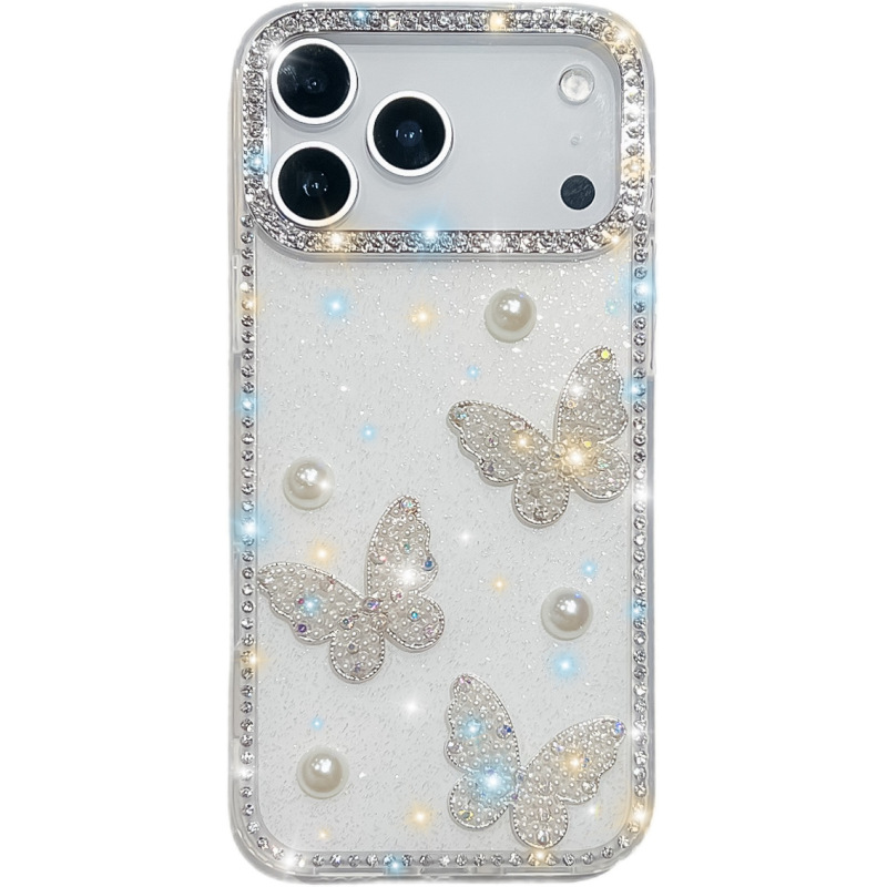闪粉珍珠蝴蝶适用iPhone17Air苹果16E手机壳15promax奢华闪钻跨境|undefined