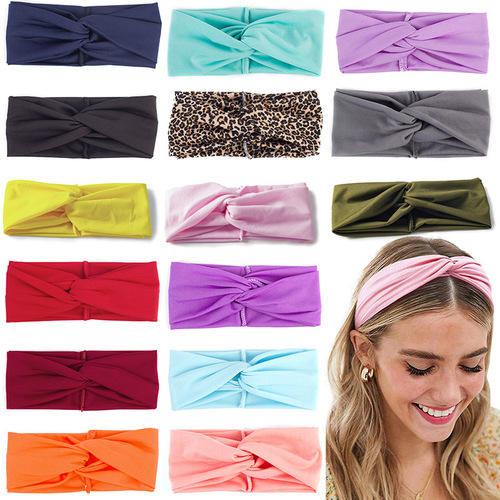 Amazon Western and European Women's Solid Color Cross Yoga Headband for Pulling and Knotting Leopard Print Sports Headband Multicolor Headband