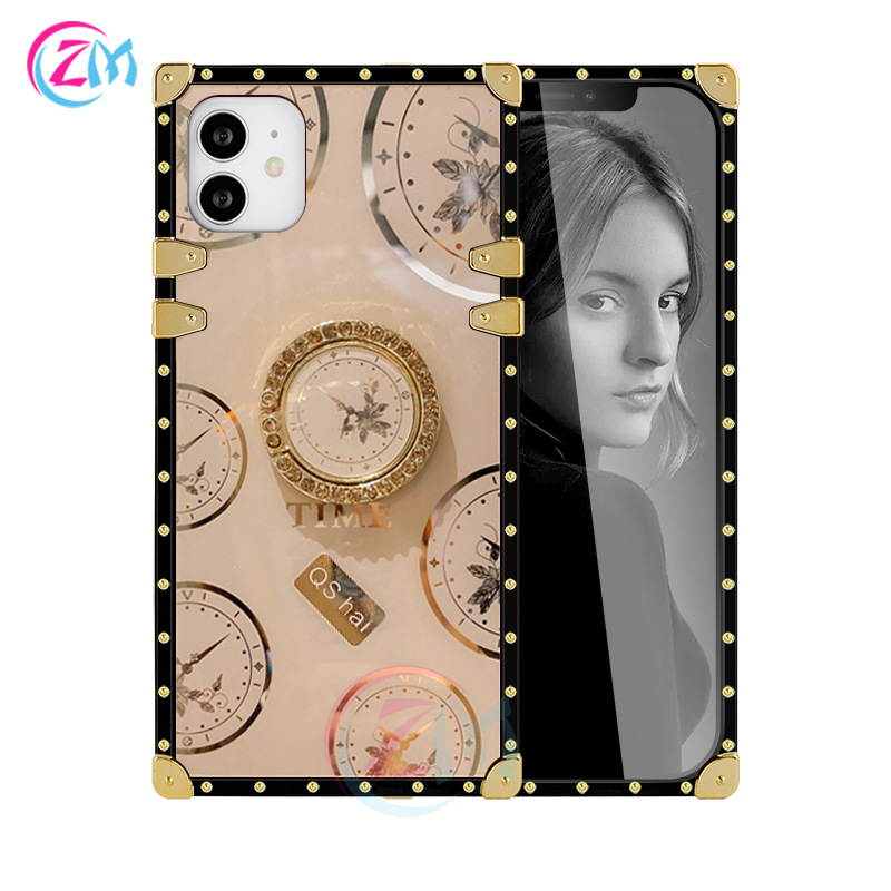 适用iPhone 12 Pro方形时钟手机壳苹果13时尚钟表镶钻指环保护套