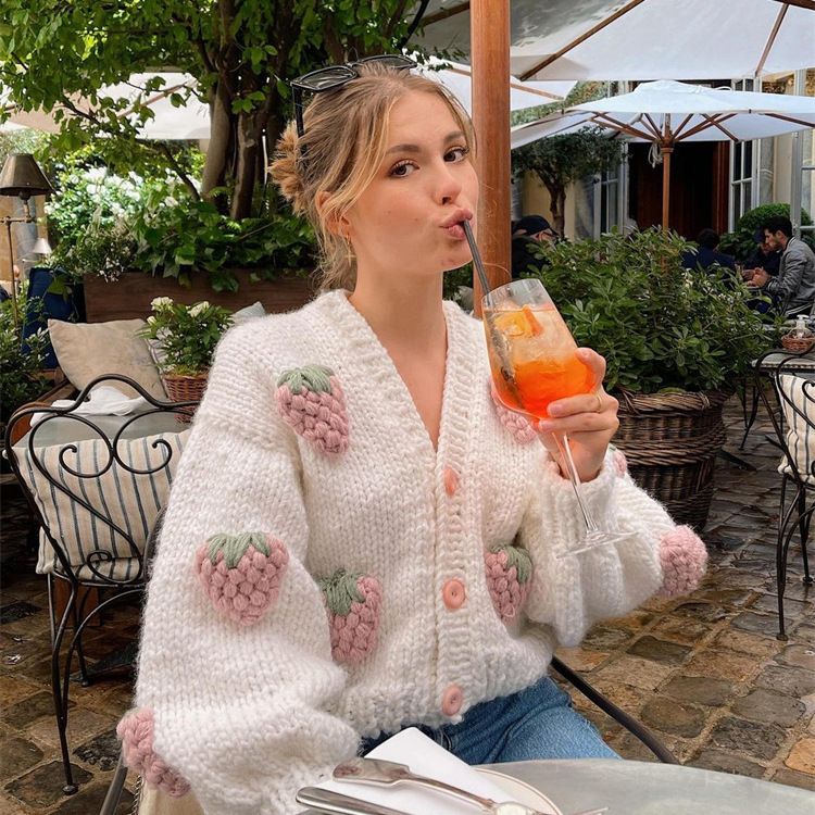 2024 New Loose Three-dimensional Strawberry Crochet Short Thick Stick V-Neck Sweater Cardigan Women's Handmade Sweater