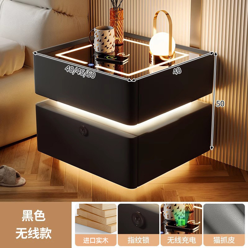 Smart bedside desk negro todo madera maciza dormitorio doméstico 2025 nuevo lujo ligero de alta calidad huellas dactilares cerradura cabecera de almacenamiento