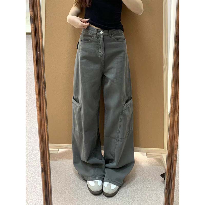 Vintage Gray Multi-Pocket Cargo Wide-Leg Jeans for Women, Spring and Summer Design, High-Waisted, Loose, Drapey, Straight-Leg, Floor-Length Pants