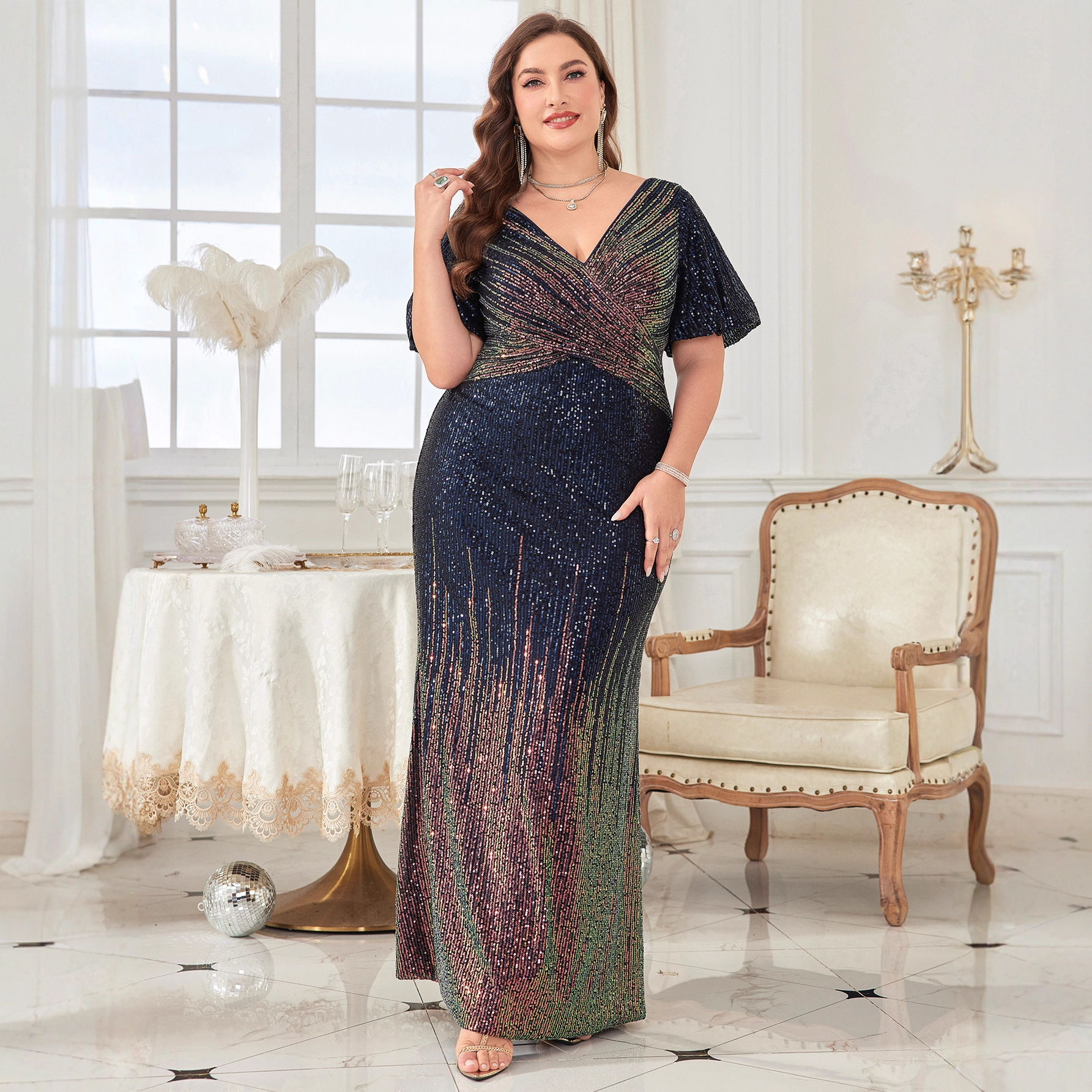 Foreign Trade Cross-Border European and American V Neck Large Size Dress Fat mm Slim Banquet Long Dress Sequined Accessible Luxury Evening Dress