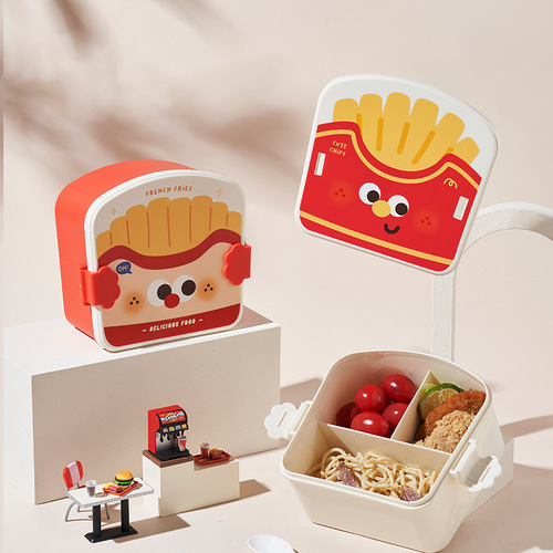 新品塑料饭盒创意薯条炸鸡造型儿童便携分格水果盒含盖勺叉便当盒