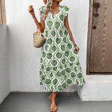 独立站新款欧洲跨境复古风几何印花荷叶边无袖连衣裙设计感小众