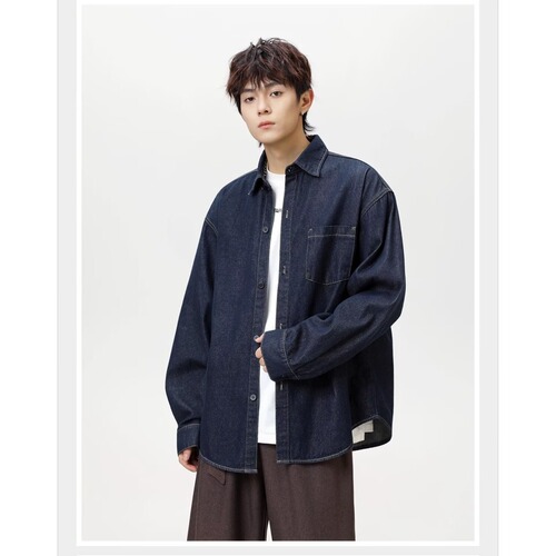Men's Cuffed Denim Shirt 2025 Spring and Autumn New Washed Loose Jacket Outerwear Trendy Brand Compatible Casual Shirt