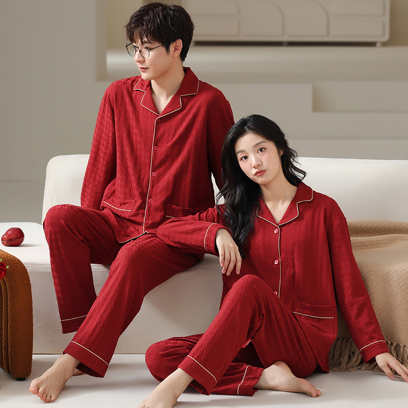 YISHUBEI 빨간 잠옷, 웨딩 커플 가정복, 가디건 긴팔 남성 가을 순면 고급 여성 잠옷