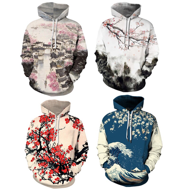 2026 Cross-Border Temu Hot-Selling Plum Blossom Landscape Painting 3D Printed Hooded Sweatshirt Spring and Autumn Long-Sleeved Loose Pullover Jacket