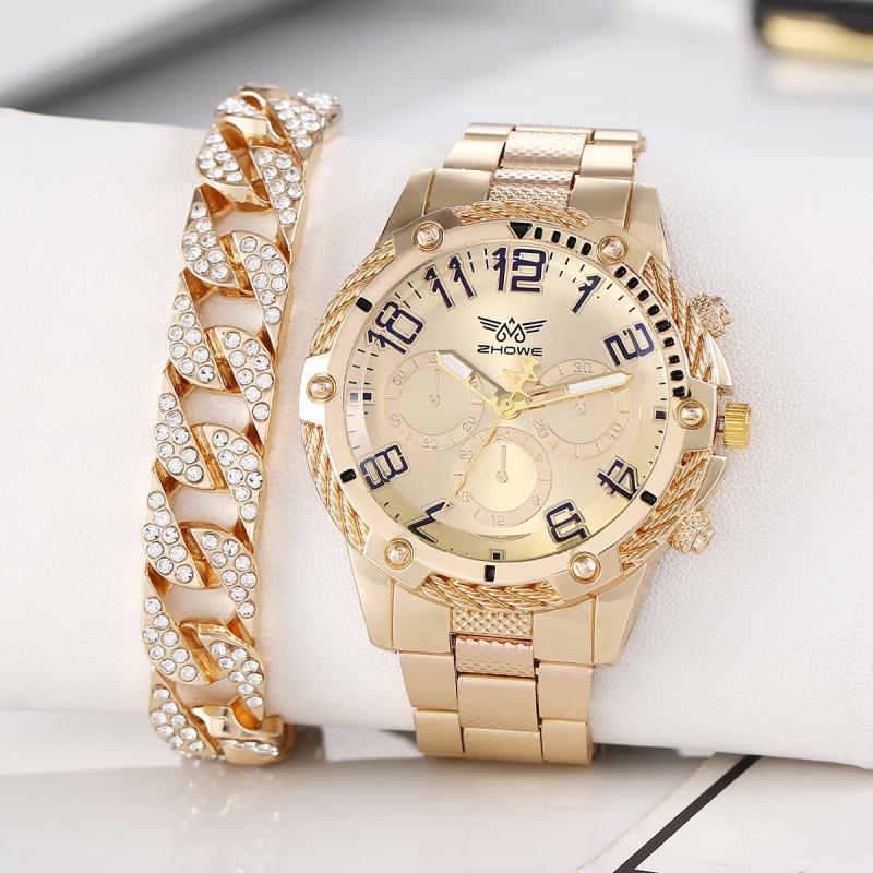 Comercio exterior moda de negocios relojes de hombre falsos tres ojos atmósfera reloj de correa de acero para hombres + pulsera hip-hop dos piezas conjunto de relojes de pulsera image 7