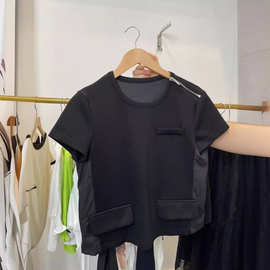 韩国东大门2024夏季新款设计感小众黑色拉链正肩拼接短袖T恤女