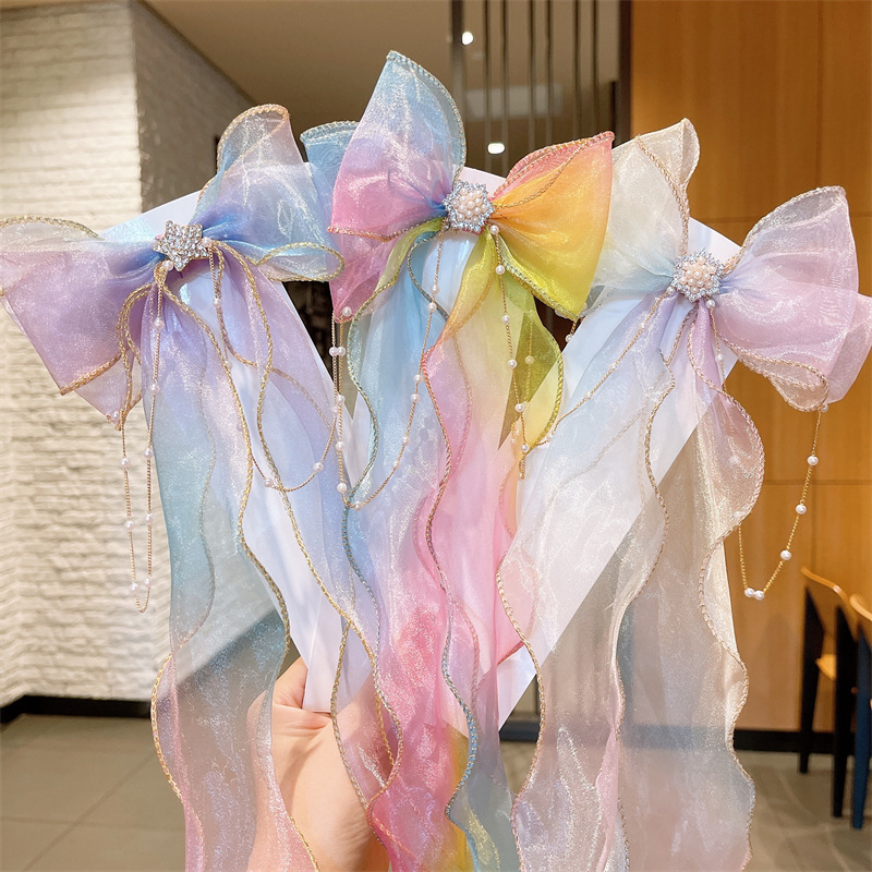 子供用ヘアピンかわいい女の子レインボー蝶結び編み髪飾りポニーテールリボン女の子ヘアアクセサリー|undefined