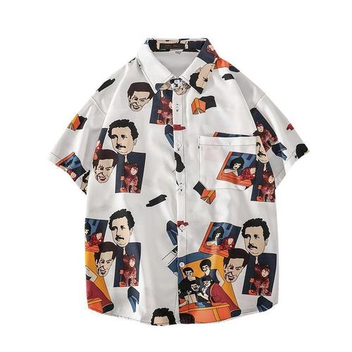 Men's Summer Short Sleeve Collared Shirt, Ins Retro Funny Headprint Personality Print Streetwear Korean Style Loose Collared Shirt