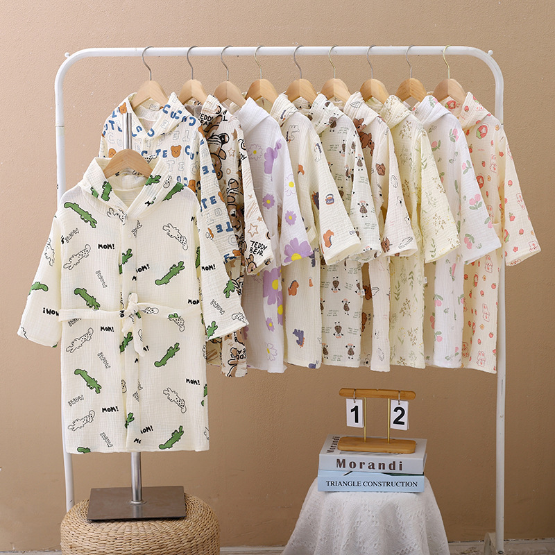 Children's pure cotton gauze bathrobe, suitable for swimming and bathing, A-class all-cotton home robe with hood, summer style Children's pure cotton gauze bathrobe, suitable for swimming and bathing, A-class all-cotton home robe with hood, summer style