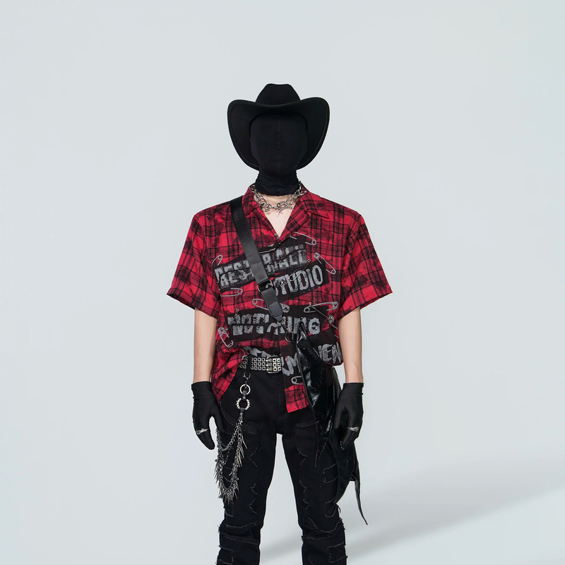 2026 American-Style Red Plaid Three-Dimensional Pin-Decorated Short-Sleeve Shirt for Men and Women, Dark Subculture Cosplay Punk Shirt 2026 American-Style Red Plaid Three-Dimensional Pin-Decorated Short-Sleeve Shirt for Men and Women, Dark Subculture Cosplay Punk Shirt