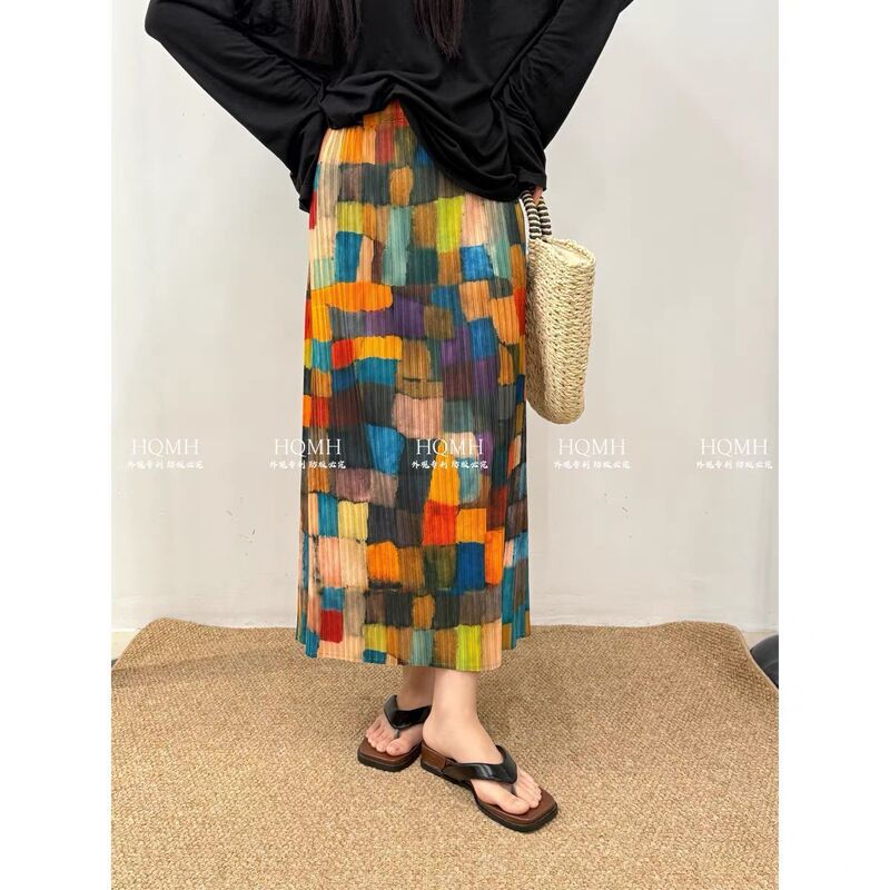 Miyake Pleated Skirt Summer New Elastic Rainbow High Waist Slim Printed Slit Design Skirt Pleated Skirt Miyake Pleated Skirt Summer New Elastic Rainbow High Waist Slim Printed Slit Design Skirt Pleated Skirt