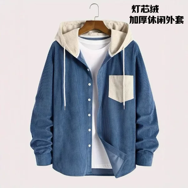 Cross-Border Men's Color-Blocked Casual Jacket, High-End Corduroy Men's Long-Sleeved Hooded Shirt Jacket, Spring and Autumn Wear