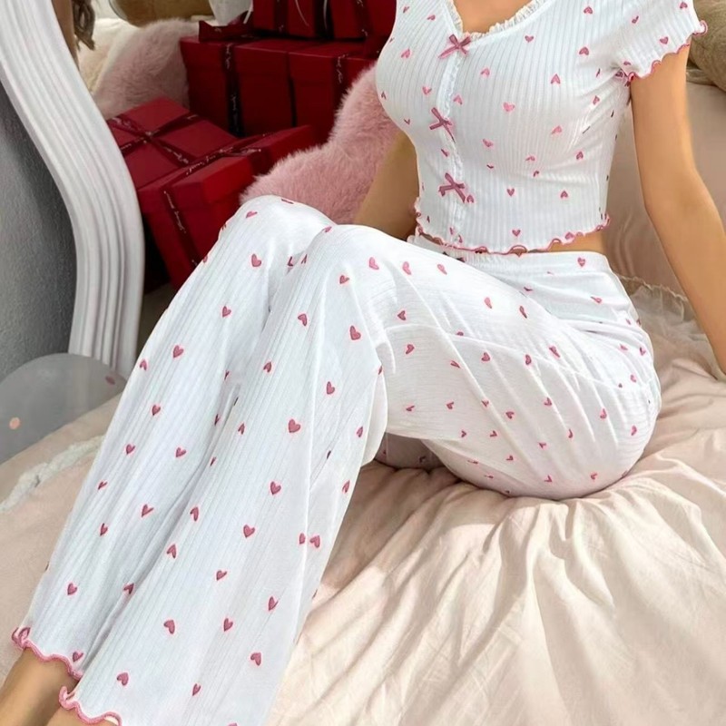 欧美跨境热销印花家居服卷边爱心V领长袖睡衣女可外穿长裤两件套|undefined
